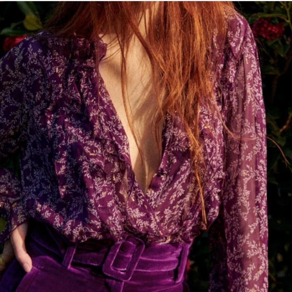 Nwt! Sezane Celine Shirt Impreme Feuillages Fond Violet